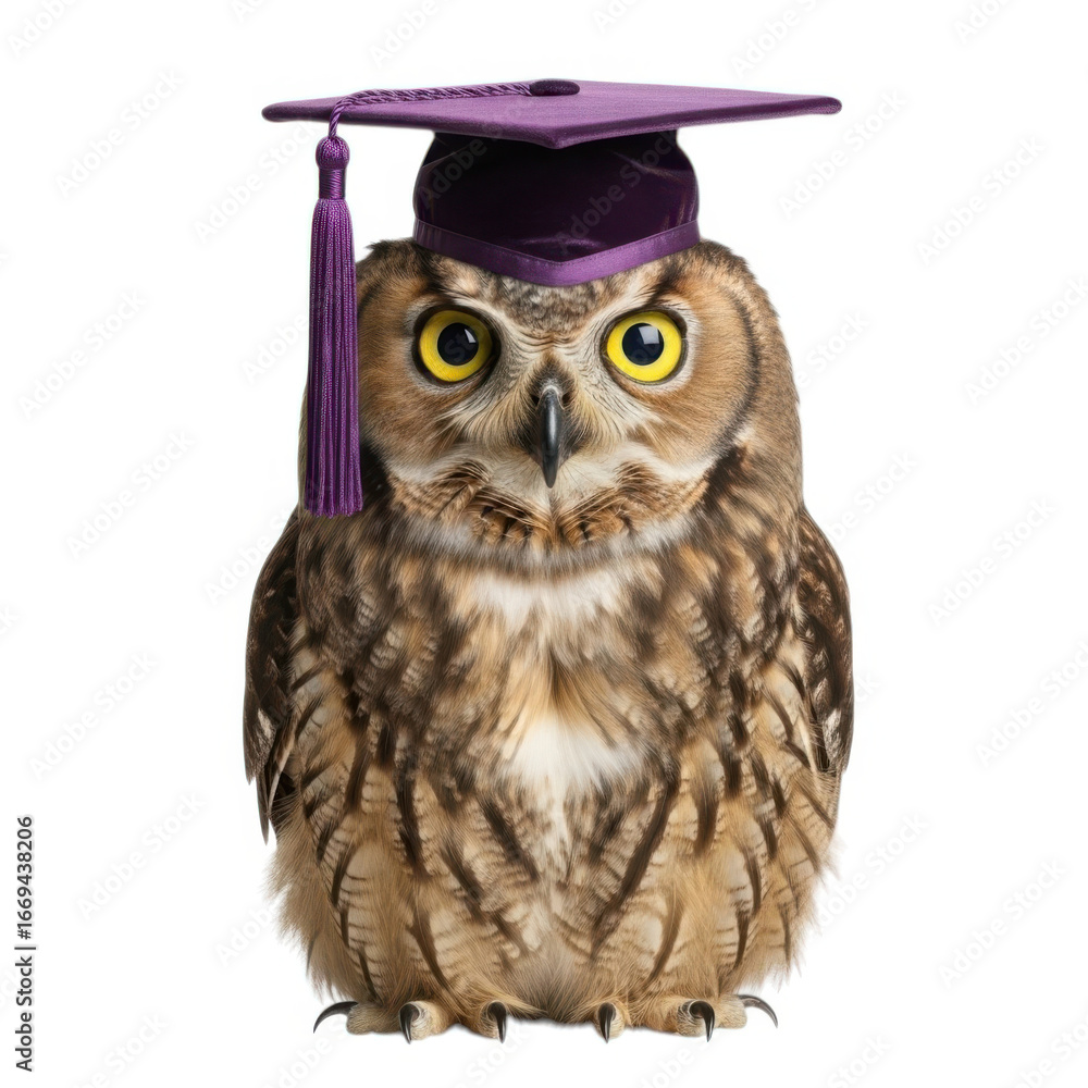 Naklejka premium A wise and adorable great horned owl wearing a purple graduation cap symbolizing knowledge and academic achievement isolated on transparent background