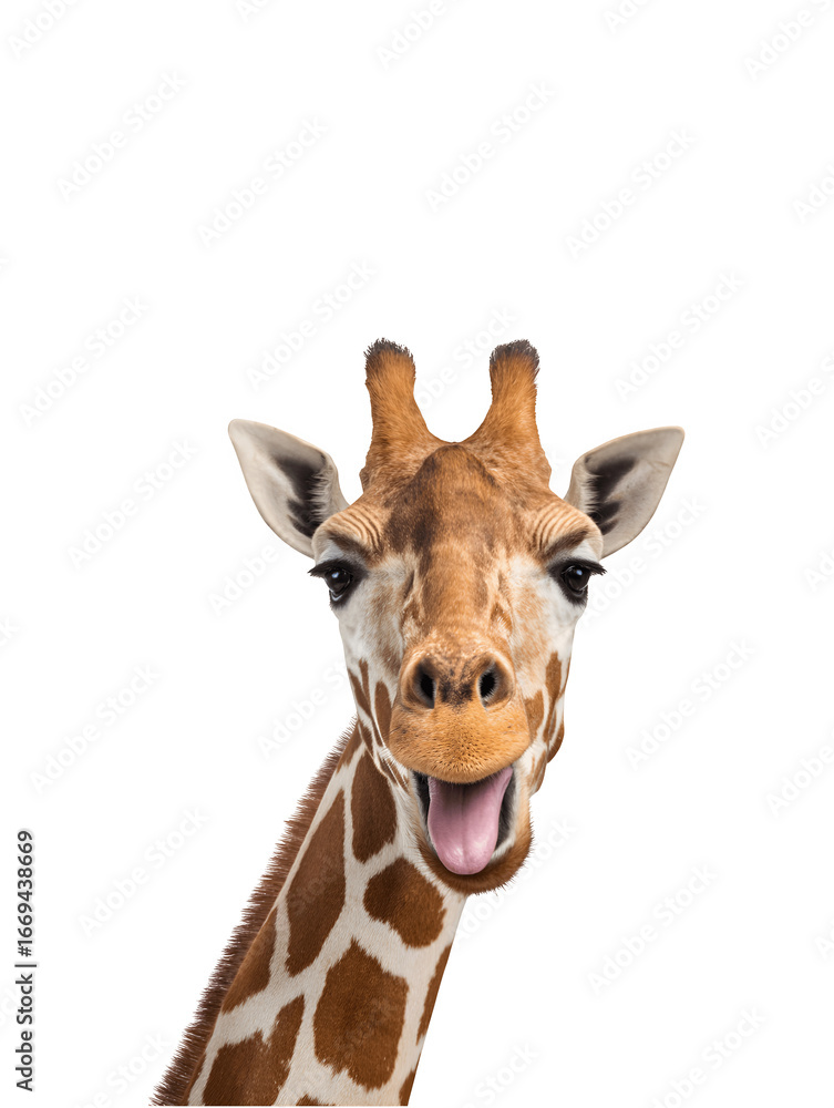 Fototapeta premium A comical giraffe playfully sticking out its tongue