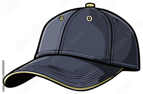 Detailed vector illustration of a dark blue baseball cap with a gold trimmed visor