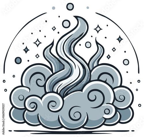 Stylized illustration of smoke, clouds and stars in a circular design.
