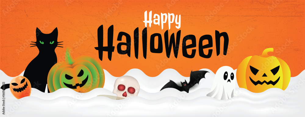 Naklejka premium Modern Halloween banner template with Halloween elements and wave 3D background illustration, Perfect for Halloween event celebration party social media cover, header, website advertisement template