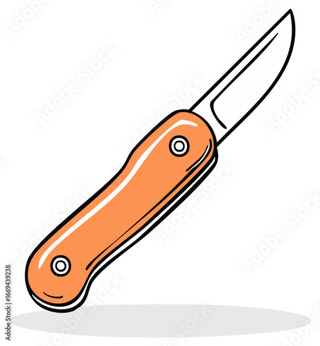 Simple orange folding knife with a shiny metal blade and bold outline