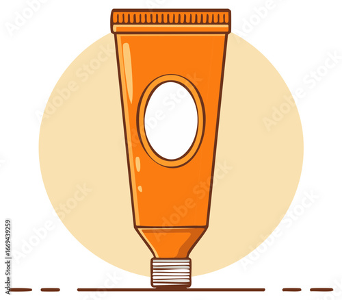 Bright orange squeeze tube with a white label area against a soft circular background