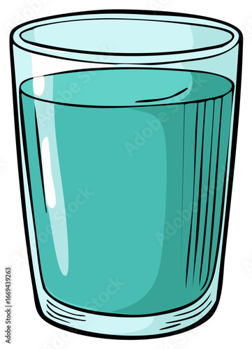 Glass of refreshing blue liquid with subtle vertical reflections and cartoon style
