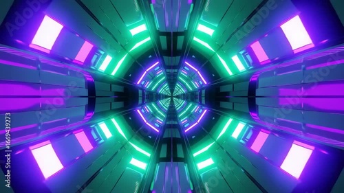 Futuristic neon tunnel with glowing geometric patterns seamless loop animation, ideal for sci-fi motion graphics, EDM visuals, and digital technology backgrounds