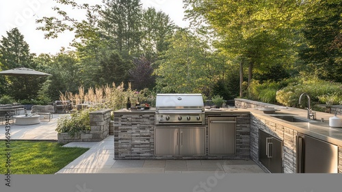 A modern outdoor kitchen on a stone patio, with a built-in stainless steel grill, a sink, and ready for entertaining, luxury outdoor living, clean and sleek, late afternoon light