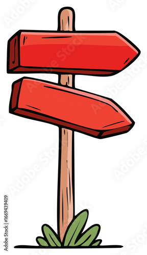 Cartoon illustration of a wooden direction sign with red arrows and grass at the bottom