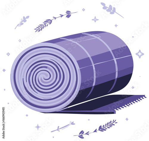 Vector illustration of a rolled purple plaid blanket with lavender sprigs for cozy relaxation