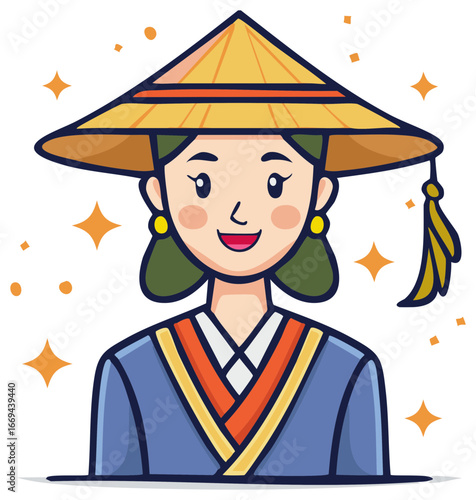 Smiling cartoon girl in traditional conical hat with sparkling stars, illustration