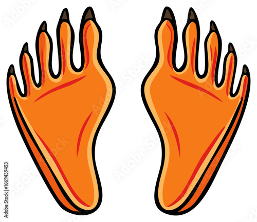 Stylized orange dinosaur or monster feet illustration showing footprints with long toes and sharp black claws