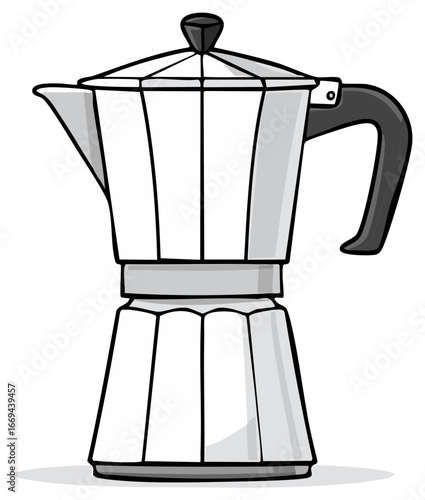 Classic stovetop espresso maker for brewing coffee at home, detailed illustration