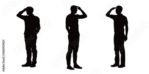 Three silhouettes of men display various poses of contemplation and thought. The figures stand in a straight posture, illustrating a moment of reflection in a simple composition.
