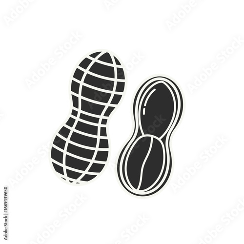 Illustration of two peanuts, one whole and one cut in half, on a dark gray background