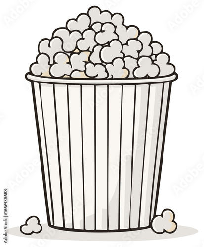 Classic striped popcorn bucket filled with fluffy popped kernels and spilled pieces