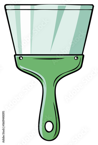 Cartoon illustration of a paint scraper with green handle and blade