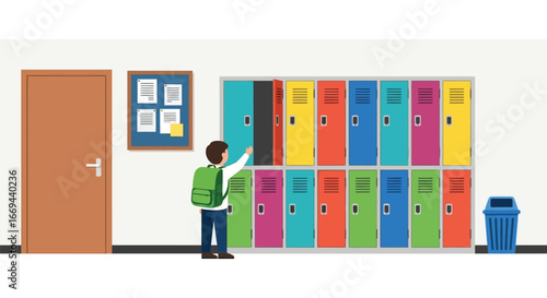 Student Opening Locker in School Hallway
