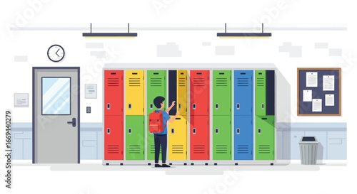 Student Opening Locker in School Hallway