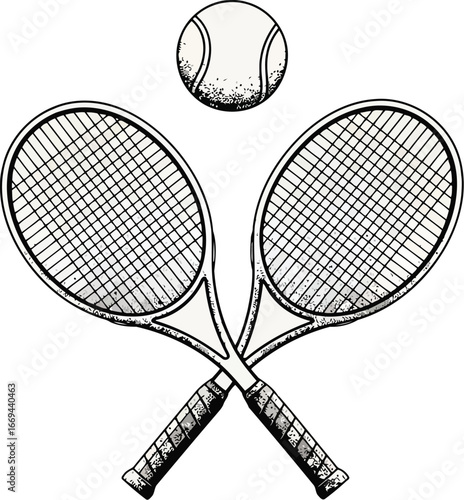 Illustration of two tennis rackets crossed with a tennis ball floating above them