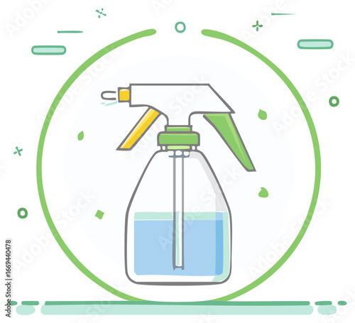Modern line art spray bottle icon with blue liquid mist for cleaning and hygiene tasks