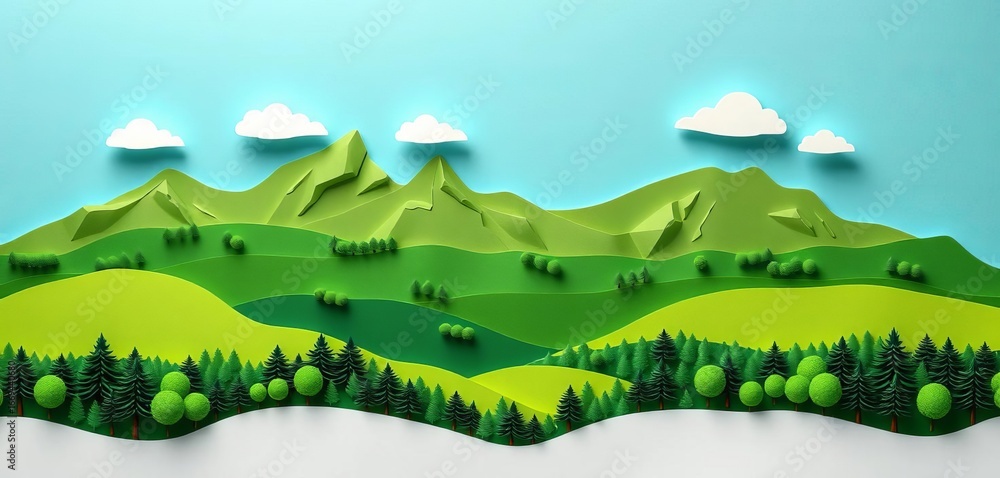 Obraz premium Layered paper cut green mountain landscape; origami style spring scene Farmland, forest, hills, rocky peaks, clouds, nature panorama, art, springtime