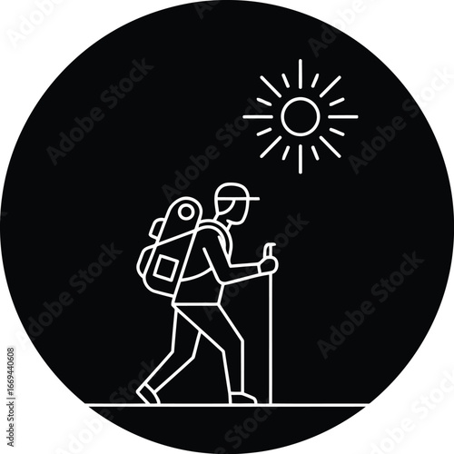 Illustration of a hiker with backpack and hiking stick under the sun in a black circle