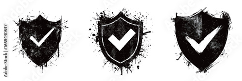 Three black shields adorned with check marks are displayed against a textured background, symbolizing safety, approval, and trust in various contexts like security and certification.