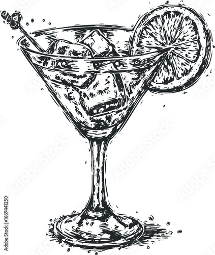 Woodcut style drink with citrus slice and ice cubes