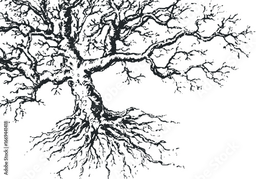 Gnarled Oak Tree With Extensive Roots and Branches