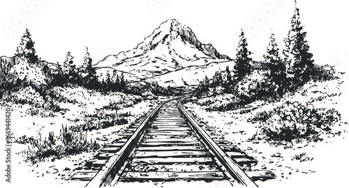 Sketch of mountain peak and railway track passing through forest landscape