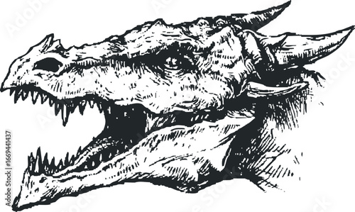 Ink Sketch of a Fierce Dragon Head With Sharp Teeth and Horns