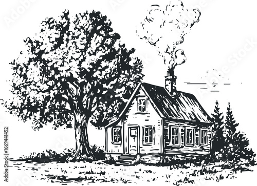 Rustic cabin with a large tree and smoke coming from the chimney