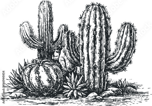 Vintage engraving of a desert landscape with various cacti and succulents