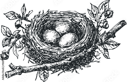 Bird nest with three eggs resting on a branch with leaves
