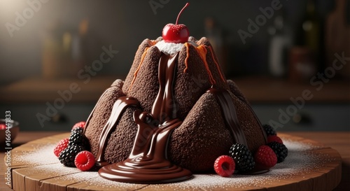 Indulge in a stunning chocolate volcano cake with fresh berries and a bright cherry on top for a delicious dessert