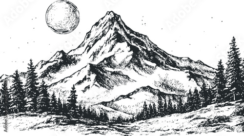 Hand-drawn mountain peaks with coniferous forest and full moon