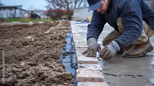 Landscaper laying paving stones.