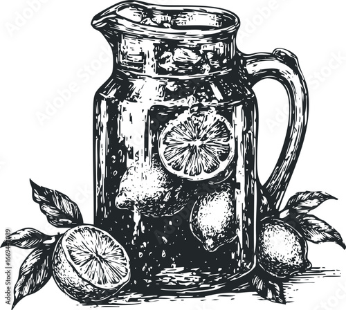Hand-drawn pitcher filled with refreshing lemonade and sliced lemons