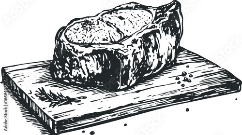 Hand-drawn beef steak with bone on wooden board and peppercorns