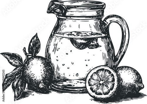 Hand Drawn Sketch of a Pitcher Filled with Citrus Drink and Fresh Lemons