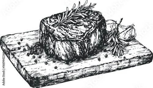 Delicious steak served with garlic and peppercorns on a wooden board