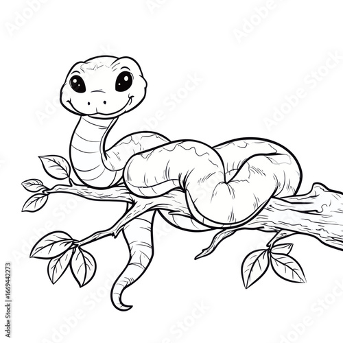 A cartoon-style snake, with a smiling face and playfully coiled body, relaxes on a branch adorned with green leaves. The illustration has a charming and light-hearted feel.