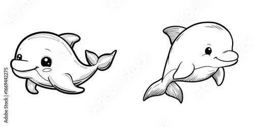 Two adorable cartoon dolphins are shown happily swimming side by side, showcasing their playful expressions and friendly appearance. The illustration emphasizes a fun underwater theme.