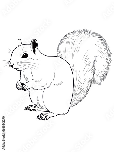 A squirrel stands upright, holding food with its paws. The animal has a bushy tail and distinct markings, set against a simple background, capturing a moment in nature.