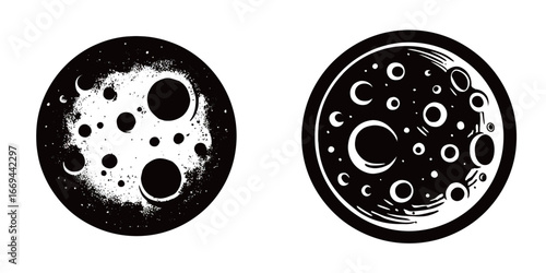 Two circular graphic designs showcase unique interpretations of celestial bodies. The left features a textured black and white composition, while the right emphasizes clear, bold shapes.