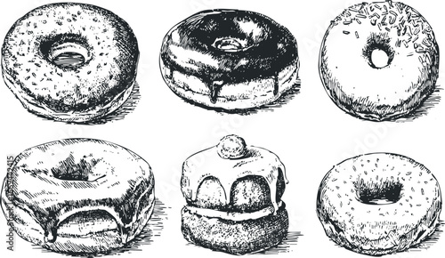 Six Ink Drawn Donuts With Variety of Glaze and Sprinkles