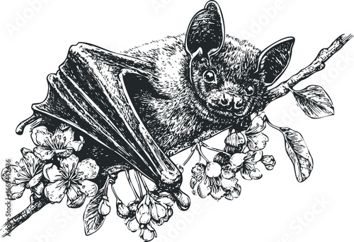 Detailed ink sketch of a bat perched on a blossoming tree branch