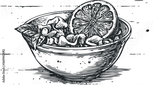 Detailed sketch of salad in bowl with lemon slice and mint leaves