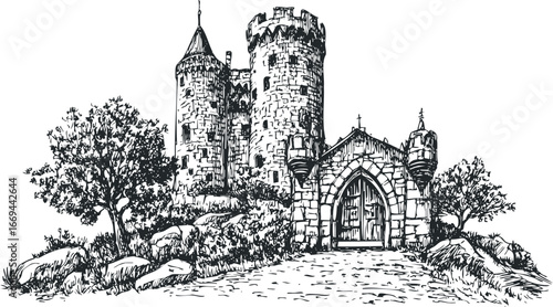 Detailed ink drawing of a medieval stone castle with surrounding trees and a pathway