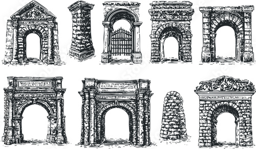Collection of Architectural Archways and Stone Structures