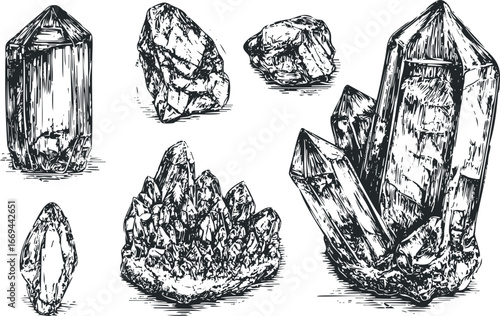 Collection of Hand Drawn Crystal Formations and Rough Stones